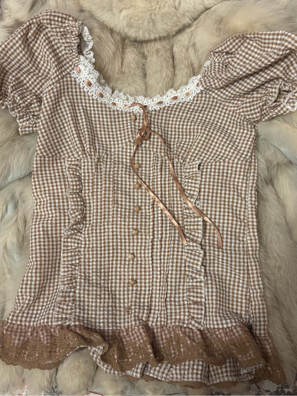 Shoujo Girl White and Brown Checkered Babydoll Top Lace Detailing and Bow